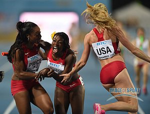 Alysia Montano is congratulated by Maggie Vessey and Chanelle Price after American Record 8:00.62