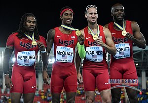 The young guys David Verburg and Tony McQuay (l-r) had the faster splits than  Jeremy Wariner and LaShawn Merritt.
