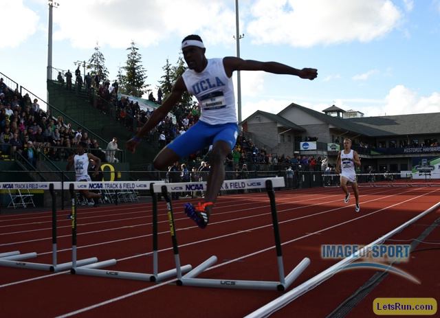 Jun 10, 2016; Eugene, OR, USA; Raj Benjamin of UCLA places sixth in the 400m hurdles in 49.82 during the 2016 NCAA Track and Field championships at Hayward Field.