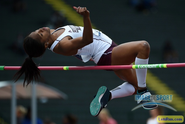 Jun 10, 2016; Eugene, OR, USA; Erica Bougard of Mississippi State clears 5-11 1/4 (1.81m) for a share of the top mark in the heptathlon high jump during the 2016 NCAA Track and Field championships at Hayward Field.