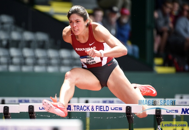 Jun 10, 2016; Eugene, OR, USA; Leigha Brown of Arkansas runs 13.54 in the heptathlon 100m hurdles during the 2016 NCAA Track and Field championships at Hayward Field.