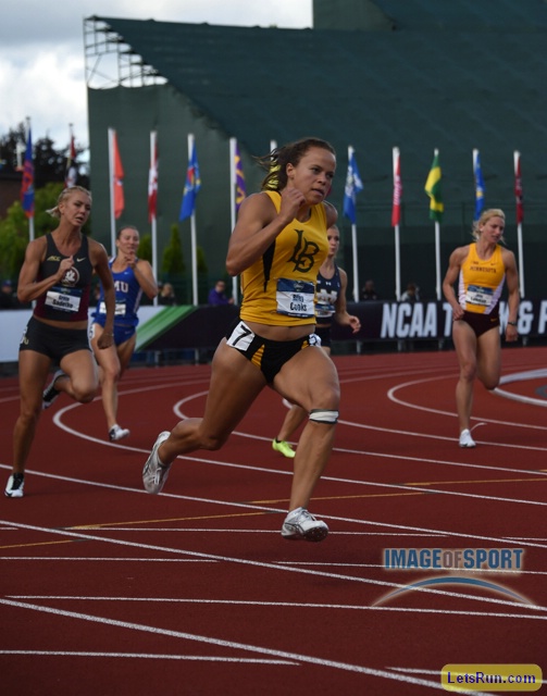 Jun 10, 2016; Eugene, OR, USA; Riley Cooks of Long Beach State runs 24.02 in the heptathlon 200m during the 2016 NCAA Track and Field championships at Hayward Field.