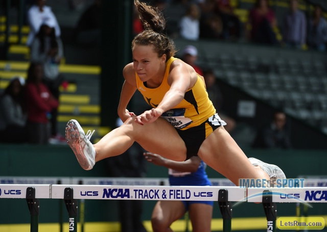 Jun 10, 2016; Eugene, OR, USA; Riley Cooks of Long Beach State runs 13.59 in the heptathlon 100m hurdles during the 2016 NCAA Track and Field championships at Hayward Field.