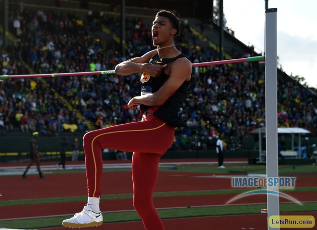 Jun 10, 2016; Eugene, OR, USA; Randall Cunningham of Southern California celebrates after winning the high jump at 7-4 1/2 (2.25m) during the 2016 NCAA Track and Field championships at Hayward Field.