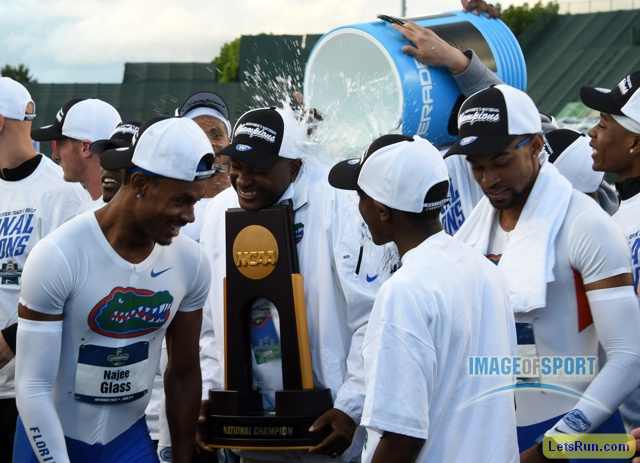 Jun 10, 2016; Eugene, OR, USA; Florida Gators coach Mike Holloway is doused in celebration after the Gators won the men's team title during the 2016 NCAA Track and Field championships at Hayward Field.