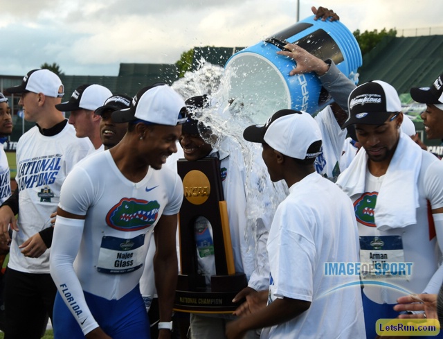 Jun 10, 2016; Eugene, OR, USA; Florida Gators coach Mike Holloway is doused in celebration after the Gators won the men's team title during the 2016 NCAA Track and Field championships at Hayward Field.