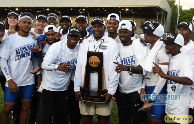 Jun 10, 2016; Eugene, OR, USA; Florida Gators coach Mike Holloway poses after the Gators won the men's team title during the 2016 NCAA Track and Field championships at Hayward Field.