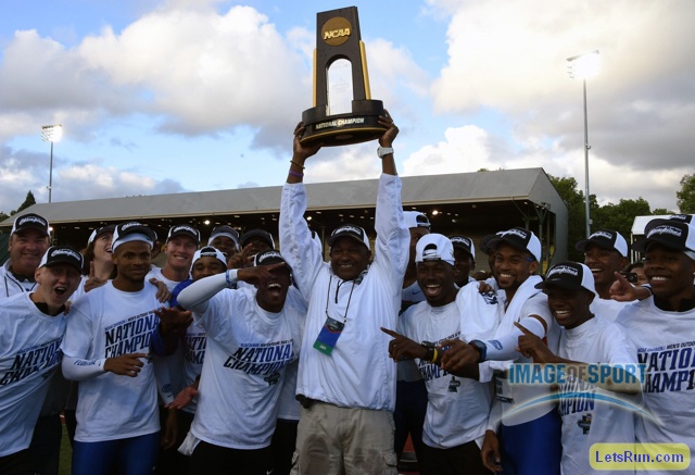 Jun 10, 2016; Eugene, OR, USA; Florida Gators coach Mike Holloway hoists the national champion trophy after the Gators won the men's team title during the 2016 NCAA Track and Field championships at Hayward Field.