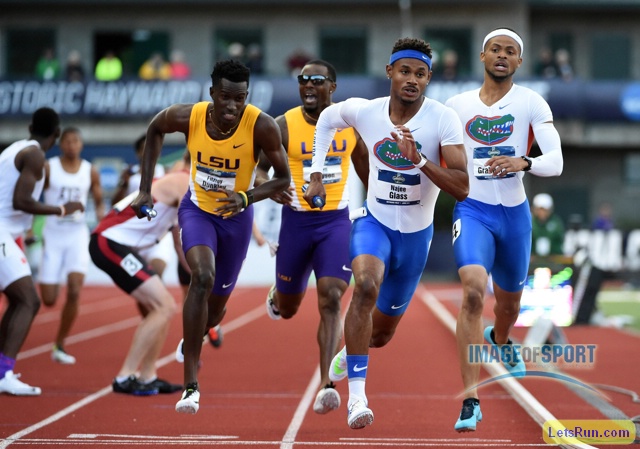 Jun 10, 2016; Eugene, OR, USA; Najee Glass runs the anchor leg on the Florida 4 x 400m relay that finished second in 3:0012 to clinch the team title during the 2016 NCAA Track and Field championships at Hayward Field.
