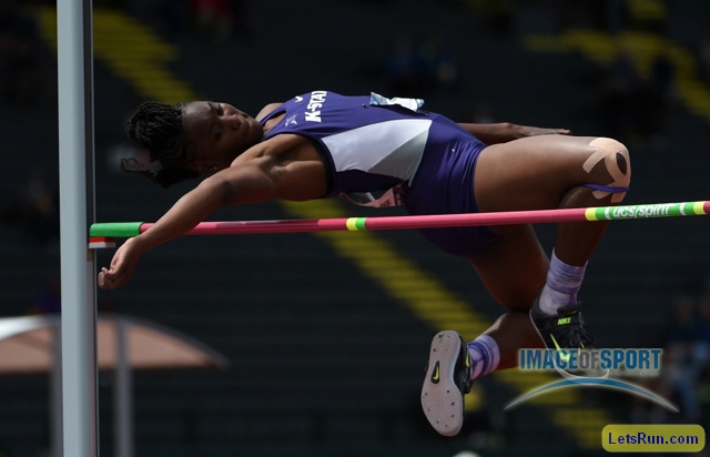 Jun 10, 2016; Eugene, OR, USA; Akela Jones of Kansas State clears 5-11 1/4 (1.81m) for a share of the top mark in the heptathlon high jump during the 2016 NCAA Track and Field championships at Hayward Field.
