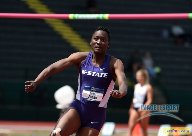 Jun 10, 2016; Eugene, OR, USA; Akela Jones of Kansas State clears 5-11 1/4 (1.81m) for a share of the top mark in the heptathlon high jump during the 2016 NCAA Track and Field championships at Hayward Field.