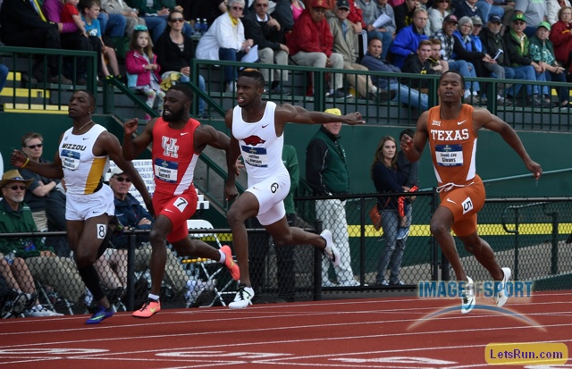 Jarrion Lawson of Arkansas (second from right) wins the 100m in 10.22.  From left: Markesh Woodson (Missouri), Cameron Burrell (Houston), Lawson and Senoj-Jay Givens (Texas).