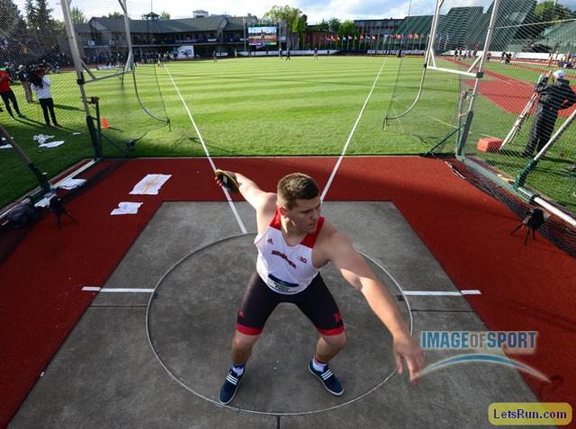 Jun 10, 2016; Eugene, OR, USA; Nicholas Percy of Nebraska wins the discus at 201-0 (61.27m) during the 2016 NCAA Track and Field championships at Hayward Field.