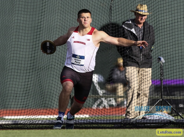 Jun 10, 2016; Eugene, OR, USA; Nicholas Percy of Nebraska wins the discus at 201-0 (61.27m) during the 2016 NCAA Track and Field championships at Hayward Field.