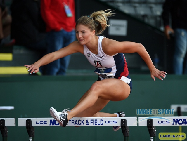 Jun 10, 2016; Eugene, OR, USA; Alyssa Thompson of Arizona runs 14.30 in the heptathlon 100m hurdles during the 2016 NCAA Track and Field championships at Hayward Field.