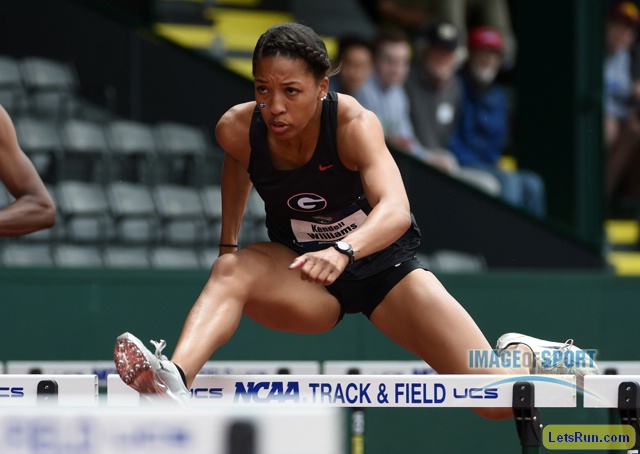Jun 10, 2016; Eugene, OR, USA; Kendell Williams of Georgia runs 12.83 in the heptathlon 100m hurdles for the top time during the 2016 NCAA Track and Field championships at Hayward Field.