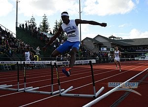 Jun 10, 2016; Eugene, OR, USA; Raj Benjamin of UCLA places sixth in the 400m hurdles in 49.82 during the 2016 NCAA Track and Field championships at Hayward Field.