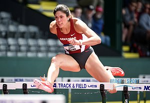 Jun 10, 2016; Eugene, OR, USA; Leigha Brown of Arkansas runs 13.54 in the heptathlon 100m hurdles during the 2016 NCAA Track and Field championships at Hayward Field.