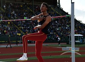 Jun 10, 2016; Eugene, OR, USA; Randall Cunningham of Southern California celebrates after winning the high jump at 7-4 1/2 (2.25m) during the 2016 NCAA Track and Field championships at Hayward Field.