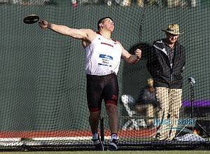 Jun 10, 2016; Eugene, OR, USA; Nicholas Percy of Nebraska wins the discus at 201-0 (61.27m) during the 2016 NCAA Track and Field championships at Hayward Field.