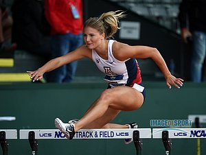 Jun 10, 2016; Eugene, OR, USA; Alyssa Thompson of Arizona runs 14.30 in the heptathlon 100m hurdles during the 2016 NCAA Track and Field championships at Hayward Field.