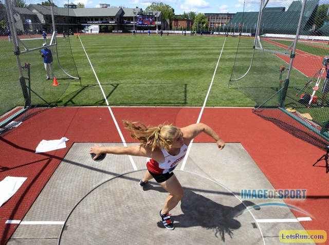 Jun 11, 2016; Eugene, OR, USA; Kelsey Card of Wisconsin wins the women's discus at 208-5 (63.52m) during the 2016 NCAA Track and Field championships at Hayward Field.