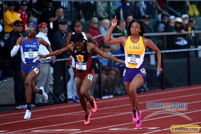 Rushell Harvey celebrates after defeating Tynia Gaither of Southern California on the anchor leg of 4x100