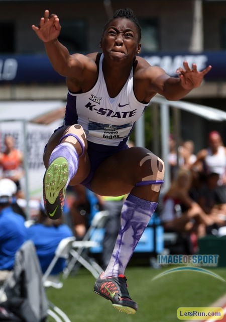 Jun 11, 2016; Eugene, OR, USA; Akela Jones of Kansas State jumps 20-10¾ (6.37m) for the top mark in the heptathlon long jump during the 2016 NCAA Track and Field championships at Hayward Field.