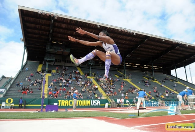 Jun 11, 2016; Eugene, OR, USA; Akela Jones of Kansas State jumps 20-10¾ (6.37m) for the top mark in the heptathlon long jump during the 2016 NCAA Track and Field championships at Hayward Field.