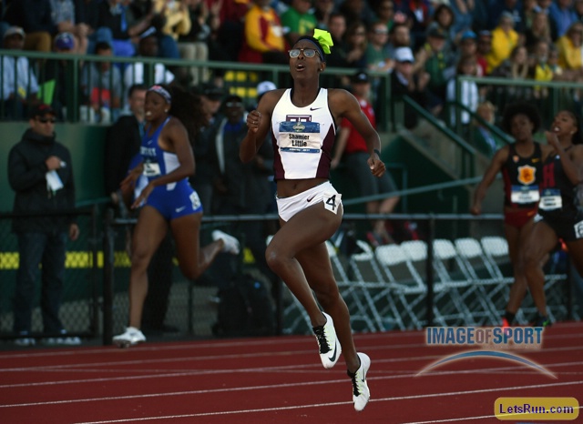 Shamier Little of Texas A&M celebrates after winning the women's 400m hurdles in 53.51