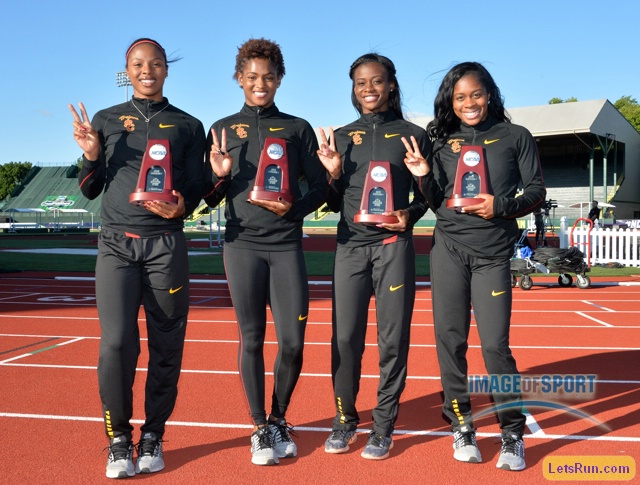 Jun 11, 2016; Eugene, OR, USA; Members of the Southern California women's 4 x 100m relay team pose after finishing second in 42.90 during the 2016 NCAA Track and Field championships at Hayward Field. From left: Destinee Brown and Deanna Hill and Alexis Faulknor and Tynia Gaither.