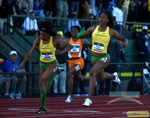 Ariana Washington (right) completes the 100-200 double ahead of Deajah Stevens 22.21 to 22.25