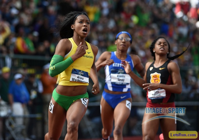 Ariana Washington of Oregon celebrates after winning the women's 100m in a wind-aided 10.95
