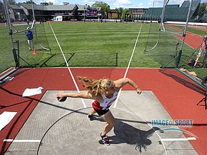 Jun 11, 2016; Eugene, OR, USA; Kelsey Card of Wisconsin wins the women's discus at 208-5 (63.52m) during the 2016 NCAA Track and Field championships at Hayward Field.