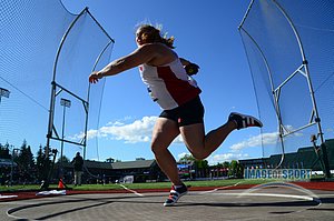 Jun 11, 2016; Eugene, OR, USA; Kelsey Card of Wisconsin wins the women's discus at 208-5 (63.52m) during the 2016 NCAA Track and Field championships at Hayward Field.