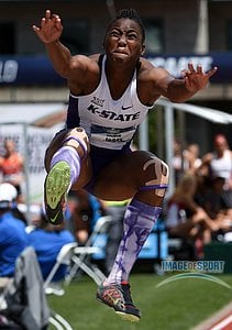 Jun 11, 2016; Eugene, OR, USA; Akela Jones of Kansas State jumps 20-10¾ (6.37m) for the top mark in the heptathlon long jump during the 2016 NCAA Track and Field championships at Hayward Field.