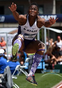 Jun 11, 2016; Eugene, OR, USA; Akela Jones of Kansas State jumps 20-10¾ (6.37m) for the top mark in the heptathlon long jump during the 2016 NCAA Track and Field championships at Hayward Field.