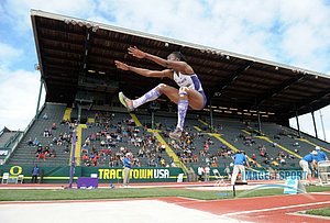 Jun 11, 2016; Eugene, OR, USA; Akela Jones of Kansas State jumps 20-10Â¾ (6.37m) for the top mark in the heptathlon long jump during the 2016 NCAA Track and Field championships at Hayward Field.
