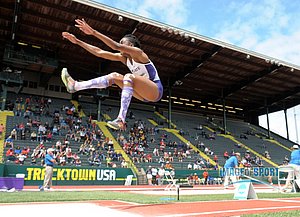 Jun 11, 2016; Eugene, OR, USA; Akela Jones of Kansas State jumps 20-10¾ (6.37m) for the top mark in the heptathlon long jump during the 2016 NCAA Track and Field championships at Hayward Field.