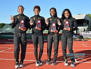 Jun 11, 2016; Eugene, OR, USA; Members of the Southern California women's 4 x 100m relay team pose after finishing second in 42.90 during the 2016 NCAA Track and Field championships at Hayward Field. From left: Destinee Brown and Deanna Hill and Alexis Faulknor and Tynia Gaither.