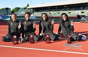 Jun 11, 2016; Eugene, OR, USA; Members of the Southern California women's 4 x 100m relay team pose after finishing second in 42.90 during the 2016 NCAA Track and Field championships at Hayward Field. From left: Destinee Brown and Deanna Hill and Alexis Faulknor and Tynia Gaither.