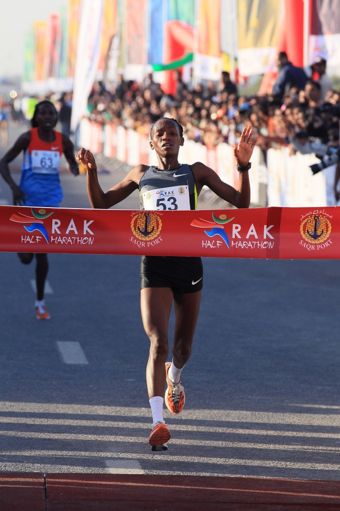 Lucy Kabuu wins the 2013 RAK Half  (photo by Victor Sailer, courtesy of RAK Half-Marathon; used with permission)    