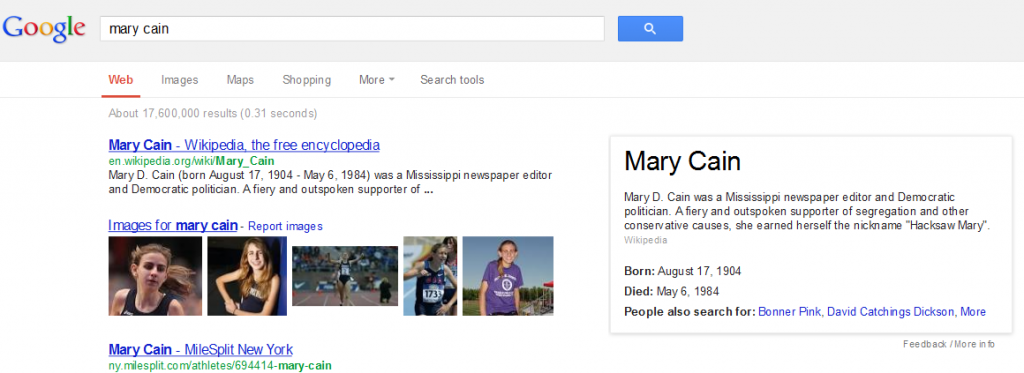 Google says Mary Cain is dead.