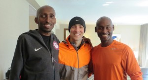 Abdi Abdirahman, Dathan Ritzenhein and Bernard Lagat share a light moment before the 2013 NYC Half (photo by Chris Lotsbom for Race Results Weekly).