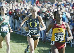 Betsy Saina pulls away from Jordan Hasay and Abbey D'Agostino to win the 2012 NCAA cross country title *2012 NCAA Cross Country Photos