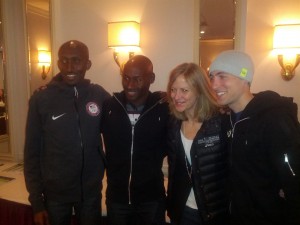 Abdi Abdirahman, Bernard Lagat, NYRR CEO Mary Wittenberg, and Dathan Ritzenhein