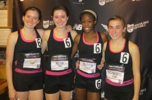 Grosse Pointe RC. winners of the 2013 New Balance Indoor Nationals 4xMile relay.  From left to right: Hannah Meier, Haley Meier, Ersula Farrow, and Kelsie Schwartz (Photo by Chris Lotsbom for Race Results Weekly)