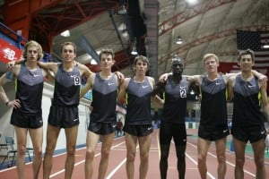 Evan Jager, Chris Derrick, Andy Bumbalough, Elliott Heath, Lopez Lomong, Matt Tegenkamp, and Dan Huling at the Armory in New York City just before Lomong broke the American indoor 5000m record (photo courtesy of the Armory)