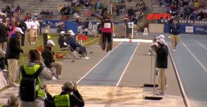 Brittney Reese in the middle of her clutch 6th jump