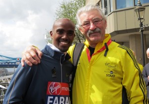 Double Olympic champion Mo Farah with former Virgin London Marathon race director Dave Bedford (photo by Jane Monti for Race Results Weekly)